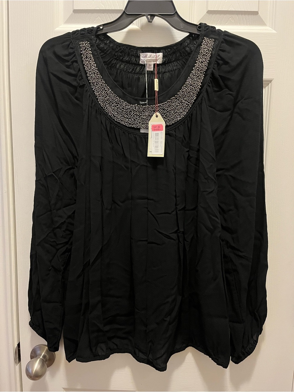 MSP Black Beaded Neckline Blouse 3X NWT Long Sleeve Plus Size Nearly Sheer